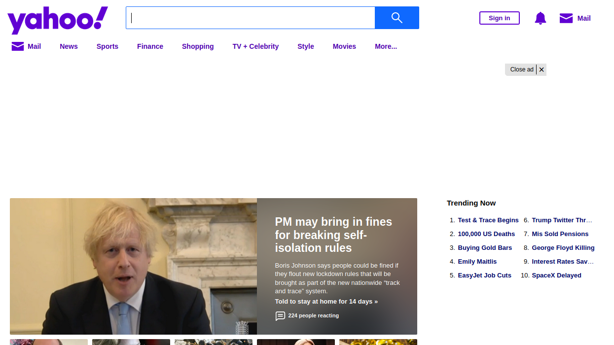 Yahoo UK with pihole on