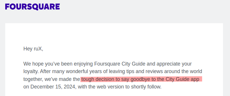 foursquare farewell email