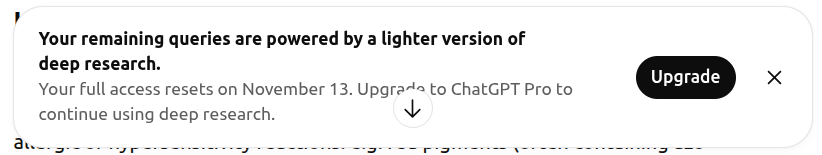 ChatGPT message stating a "light" search because I've hit 10 of 25 queries limit